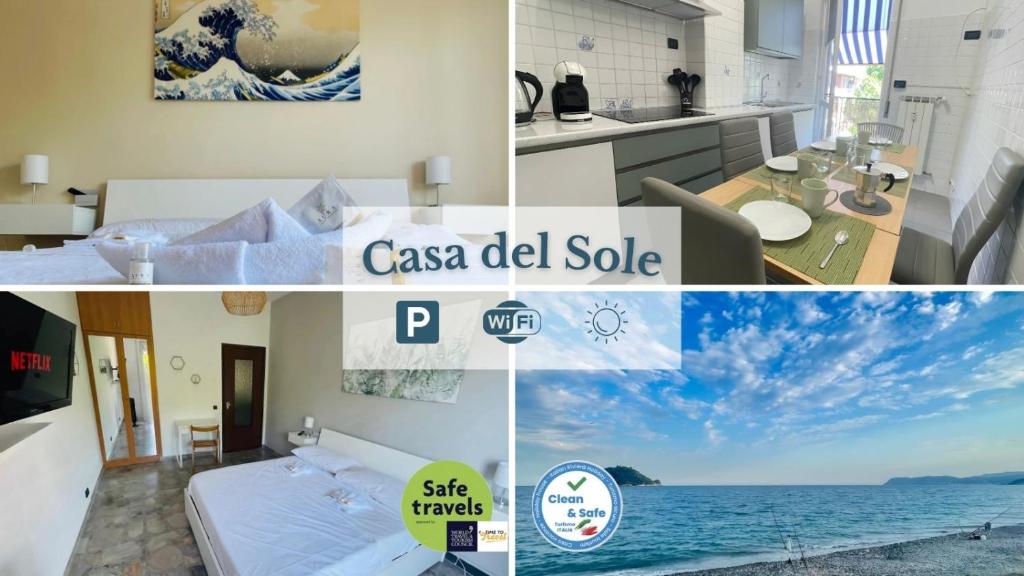 a collage of pictures of a room with a bed and the ocean at House of Sun - beach at 400m, in Albenga Liguria in Albenga