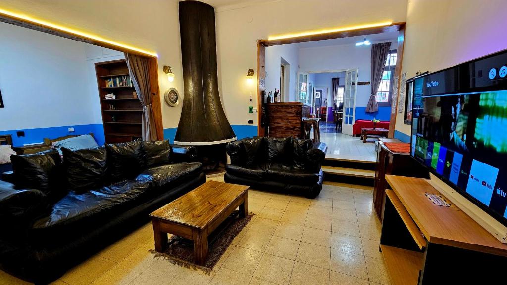 a living room with a black couch and a tv at Nueva Mansion Roca in Mendoza