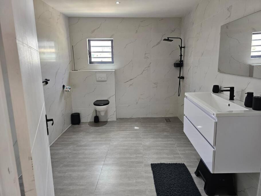 a white bathroom with a toilet and a sink at Flamingo Apartment - Regal Rentals Curacao in Willemstad