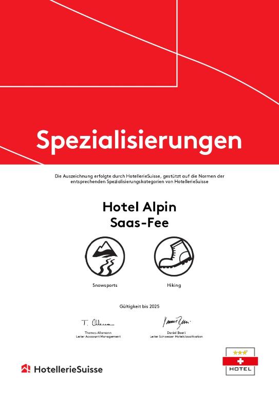 Certifikát, hodnocení, plakát nebo jiný dokument vystavený v ubytování Hotel Alpin Superior