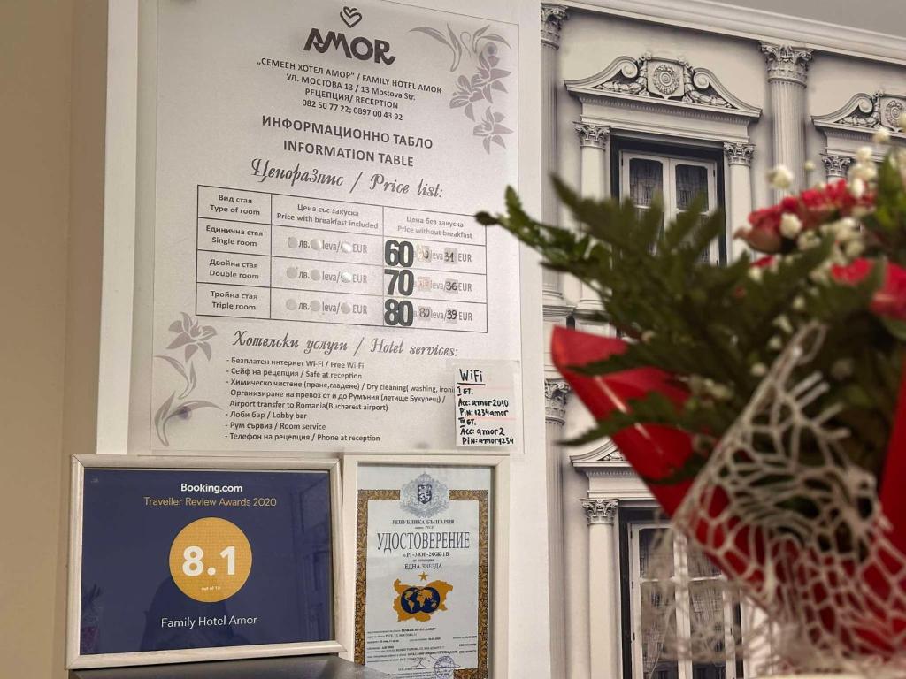 Certifikát, hodnocení, plakát nebo jiný dokument vystavený v ubytování Family Hotel Amor