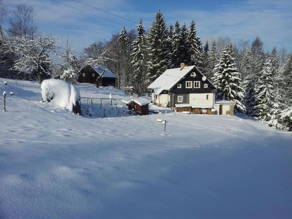 een sneeuwbedekte tuin met een huis en bomen bij Na Sluneční pohádková chaloupka ve Sladké díře in Příchovice