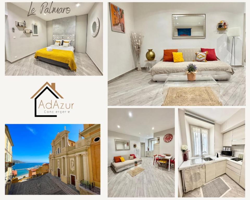 un collage de photos d'une chambre et d'un salon dans l'établissement Le Palmero Centre ville, plage, clim, à Menton