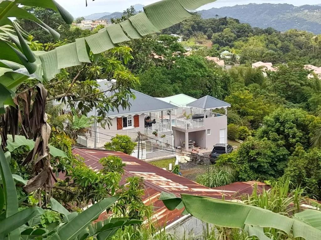 a view of a house in the middle of a forest at Appartement confortable avec vue sur la mer in Gros-Morne
