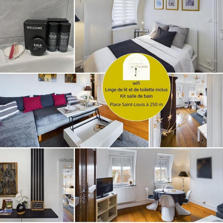 un collage de photos d'une chambre et d'un salon dans l'établissement Les Tanneurs, à Metz