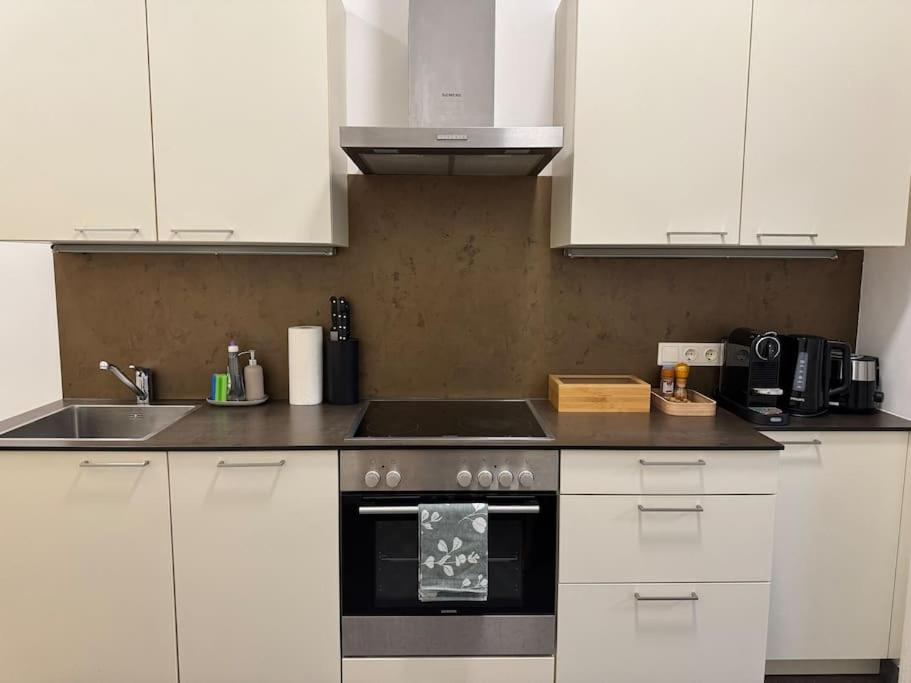 una cucina con mobili bianchi e un forno a piano cottura di Neu! City Apartment im Stadtzentrum 4 a Vienna