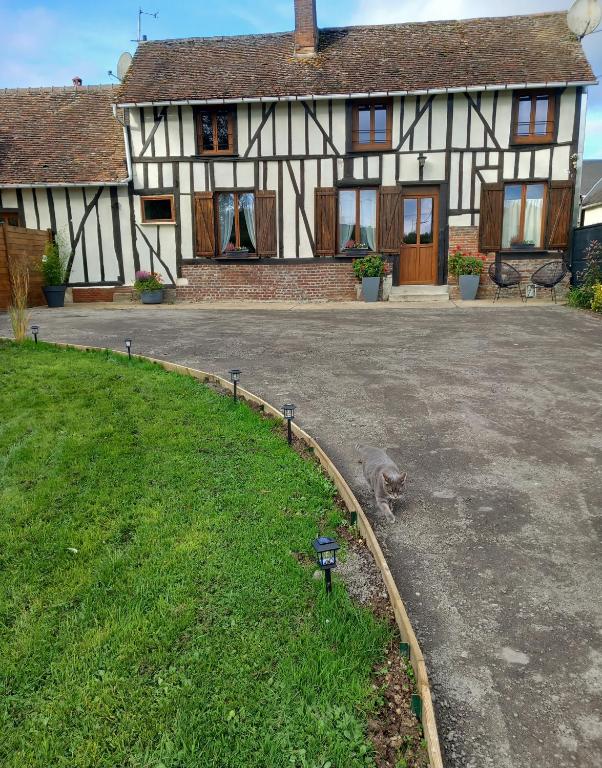 une maison avec un chat debout devant elle dans l'établissement La ferme des aristochats, à Blicourt