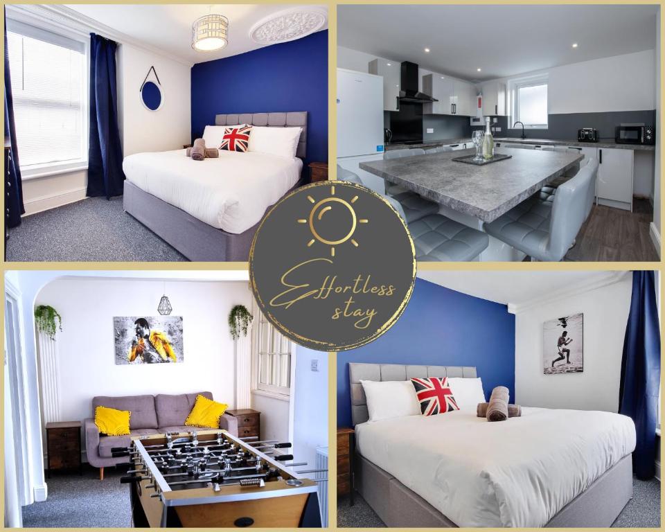 a collage of photos of a room with two beds and a kitchen at The Loft -Long Stays, Contractors, Professionals, Parking, WiFi, BH1, Sleeps up to 8, in Bournemouth