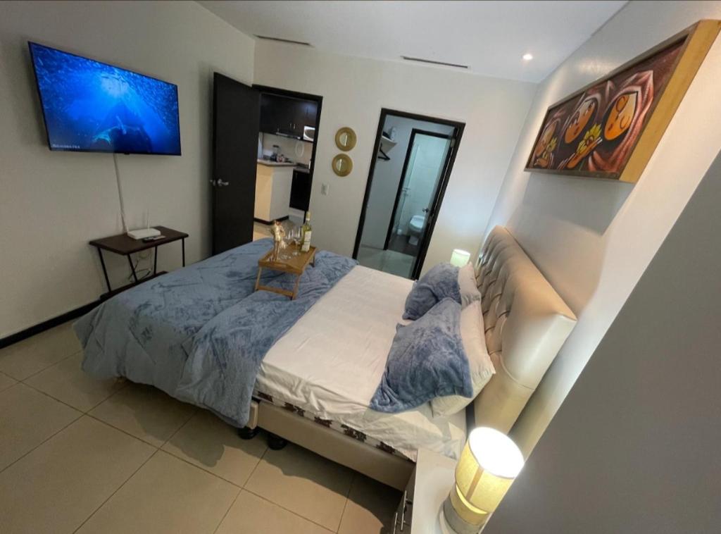 a bedroom with a bed and a tv on the wall at Ecuabook torre sol 32 mall del Sol in Guayaquil