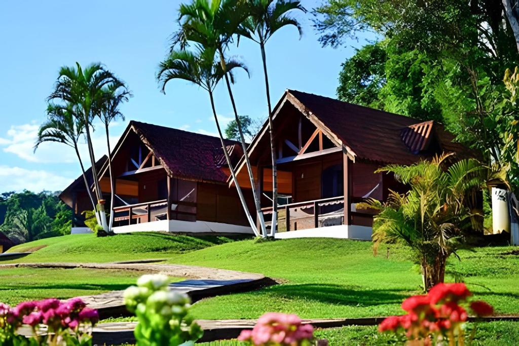ein Haus mit Palmen davor in der Unterkunft Recanto das Águas - Chalés no meio da Mata Atlântica in Eldorado