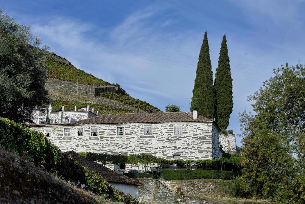 ein Steingebäude mit zwei Bäumen auf einem Hügel in der Unterkunft Quinta de Marrocos in Peso da Régua