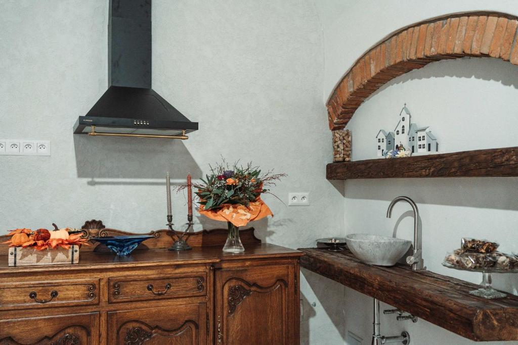 Kuchyň nebo kuchyňský kout v ubytování ČÁKYHO KÚRIA - apartmán pre 4 osoby s krbom a saunami