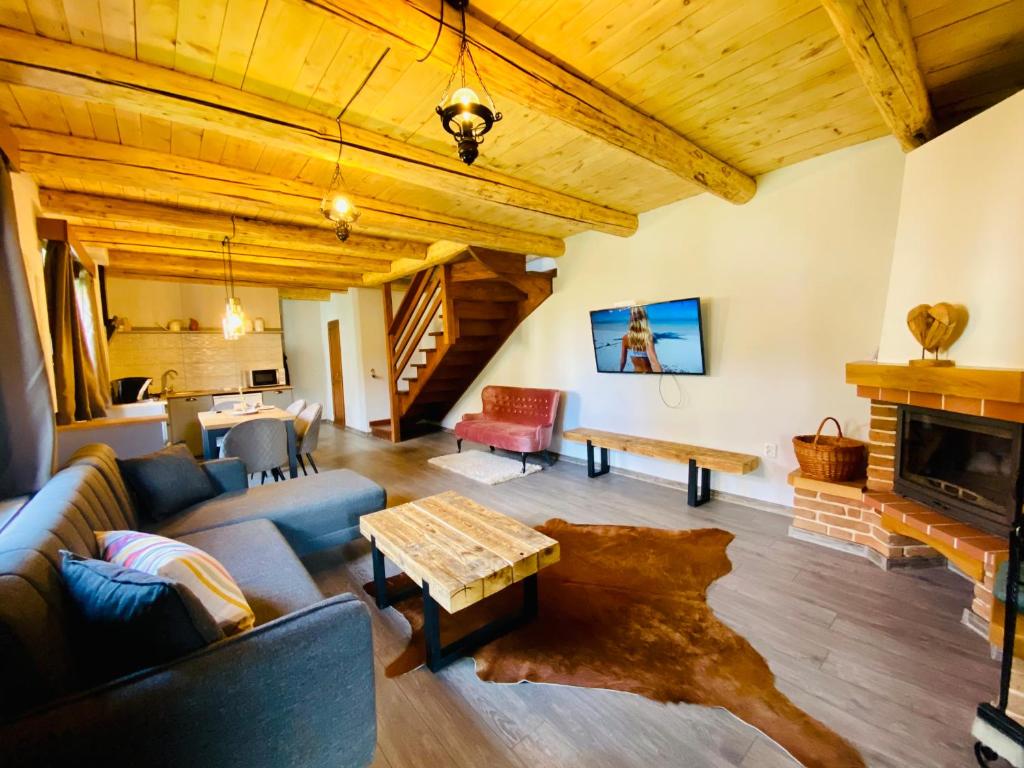 a living room with a couch and a fireplace at Rustic Comfort House in Miercurea-Ciuc