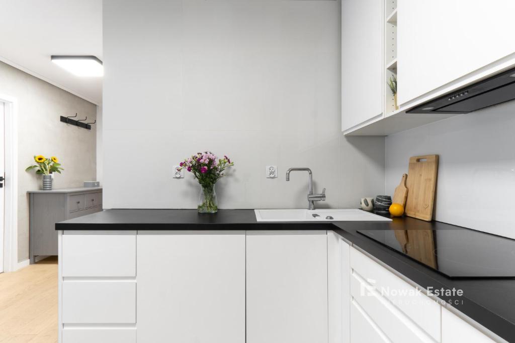 a kitchen with white cabinets and a black counter top at Promienistych 2 in Kraków