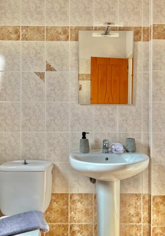 a bathroom with a sink and a toilet and a mirror at Marinos Studios and Apartments in Gialiskari