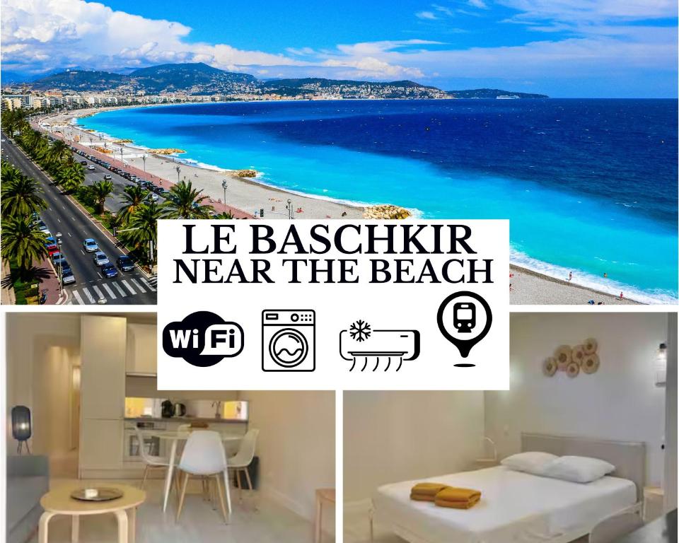 Un collage de photos d'une plage avec les mots le baselir près de dans l'établissement Le BASHKIR - AC - WIFI -terrasse - prés mer - Tram et supermarchés, à Nice