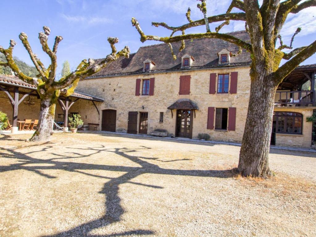 un grand bâtiment avec deux arbres devant lui dans l'établissement Maison de charme à La Roque-Gageac avec jardin, terrasse et équipements bébé - FR-1-616-136, à La Roque-Gageac