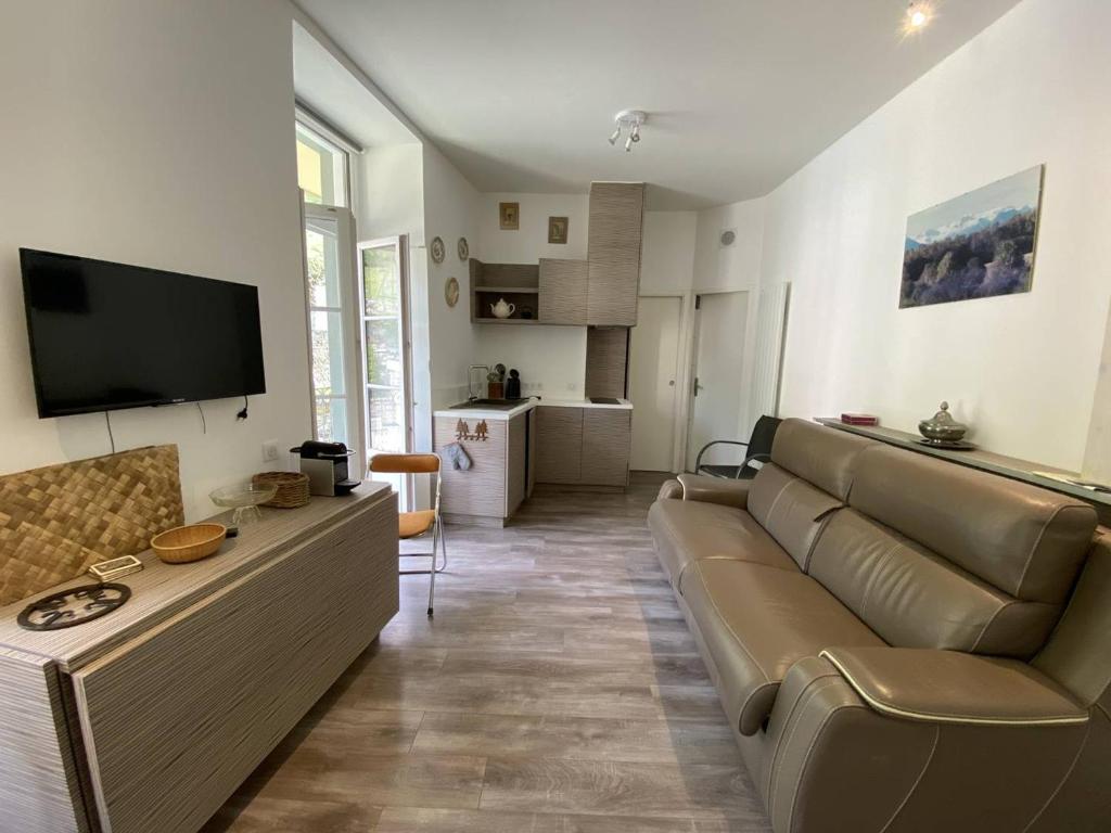 un salon avec un canapé et une télévision dans l'établissement Appartement à Cauterets, proche télécabines, 4 pers, balcon vue montagne - FR-1-812-76, à Cauterets