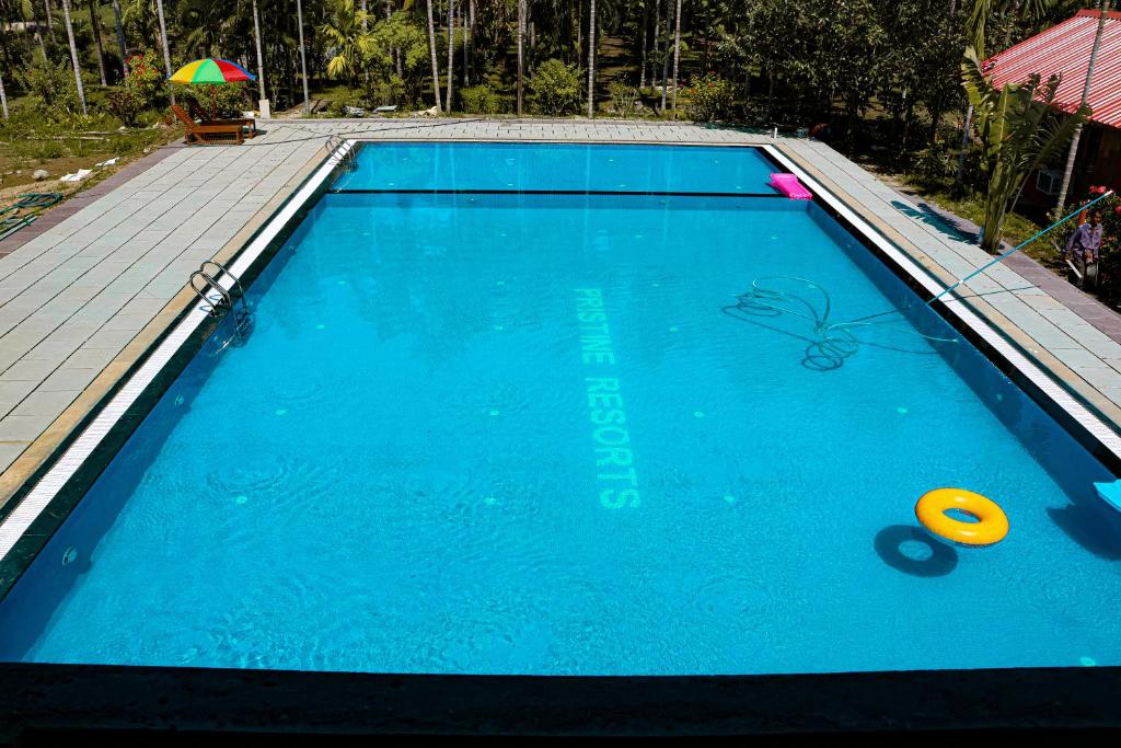 a large blue swimming pool with a frisbee in it at PRISTINE BEACH RESORT in Diglipur