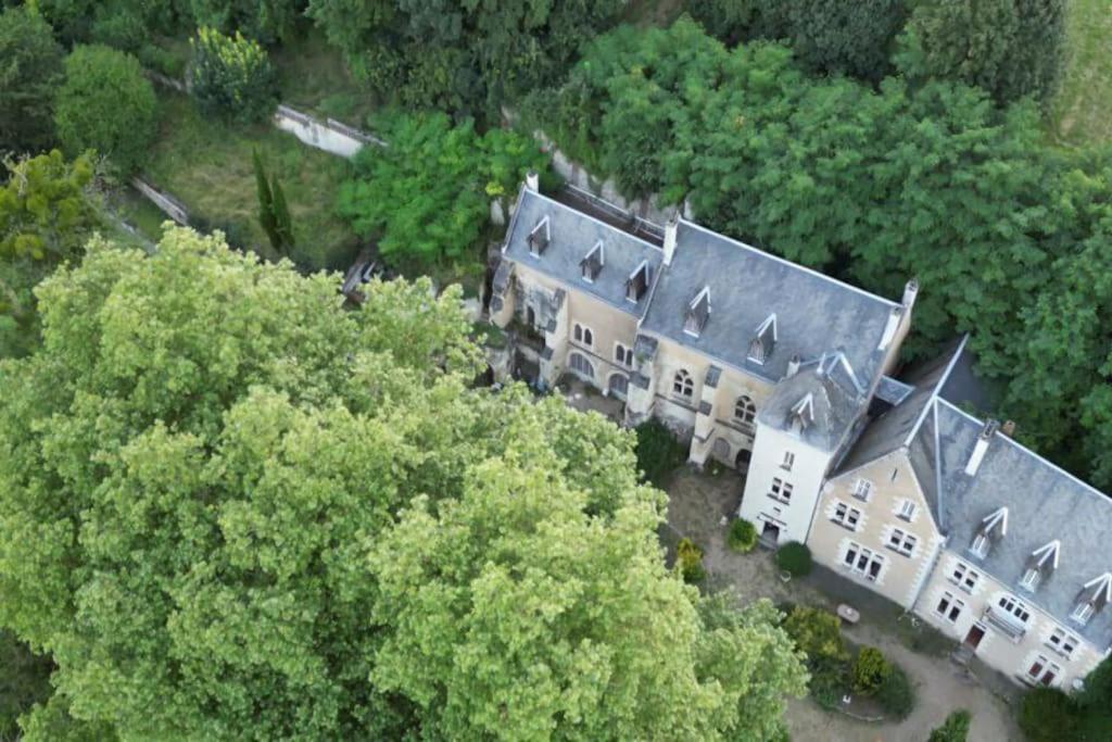 - une vue aérienne sur une grande maison arborée dans l'établissement Chateau De La Voloniere, à Poncé sur Le Loir