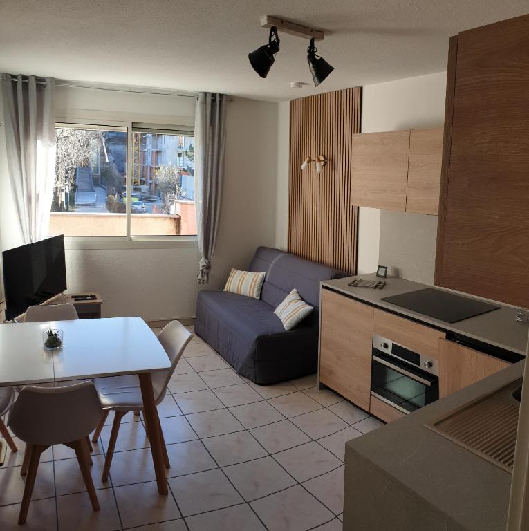 une cuisine et un salon avec un canapé et une table dans l'établissement Cosy skis aux pieds, à Briançon