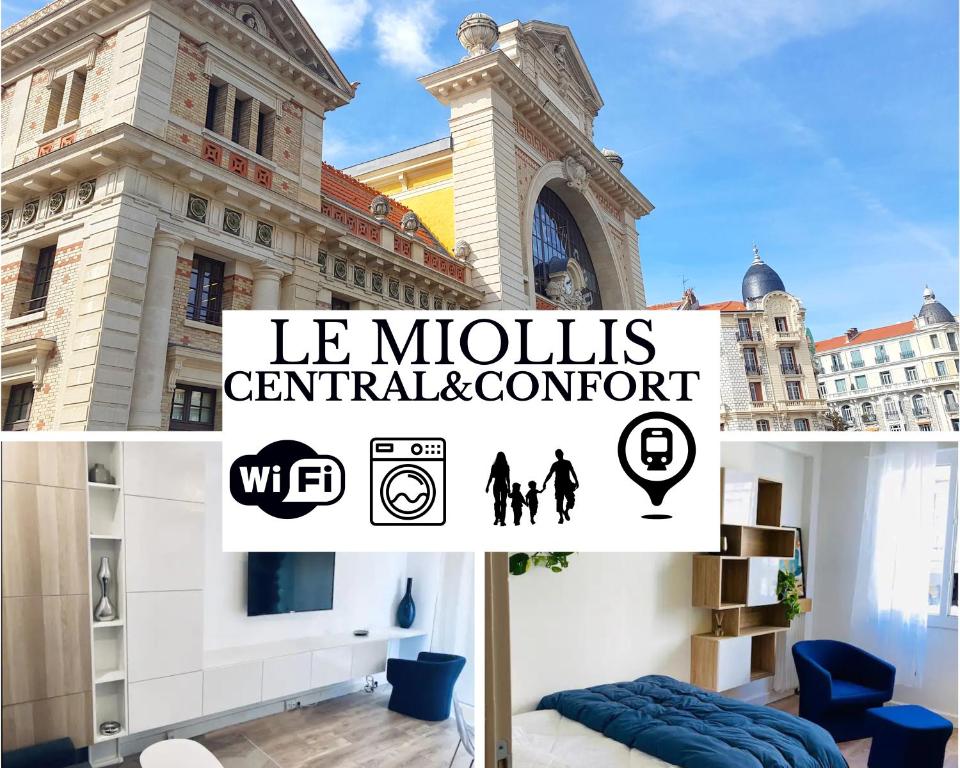 un collage d'images d'un bâtiment et d'un panneau dans l'établissement LE MIOLLIS - CENTRAL et CONFORT - WIFI- prés tansports en commun et commerces, à Nice