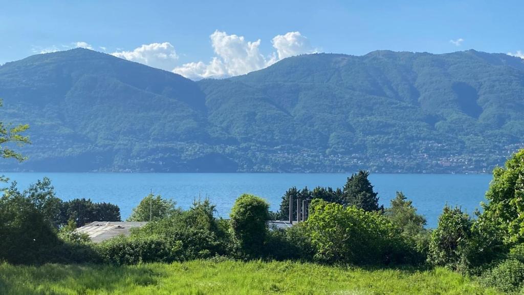 une vue d'un lac avec des montagnes en arrière-plan dans l'établissement Casa Corsini, à Porto Valtravaglia
