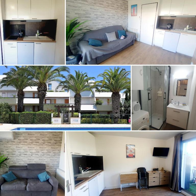 un collage de photos d'une chambre avec des palmiers dans l'établissement Le studio rêves bleus, à La Grande Motte