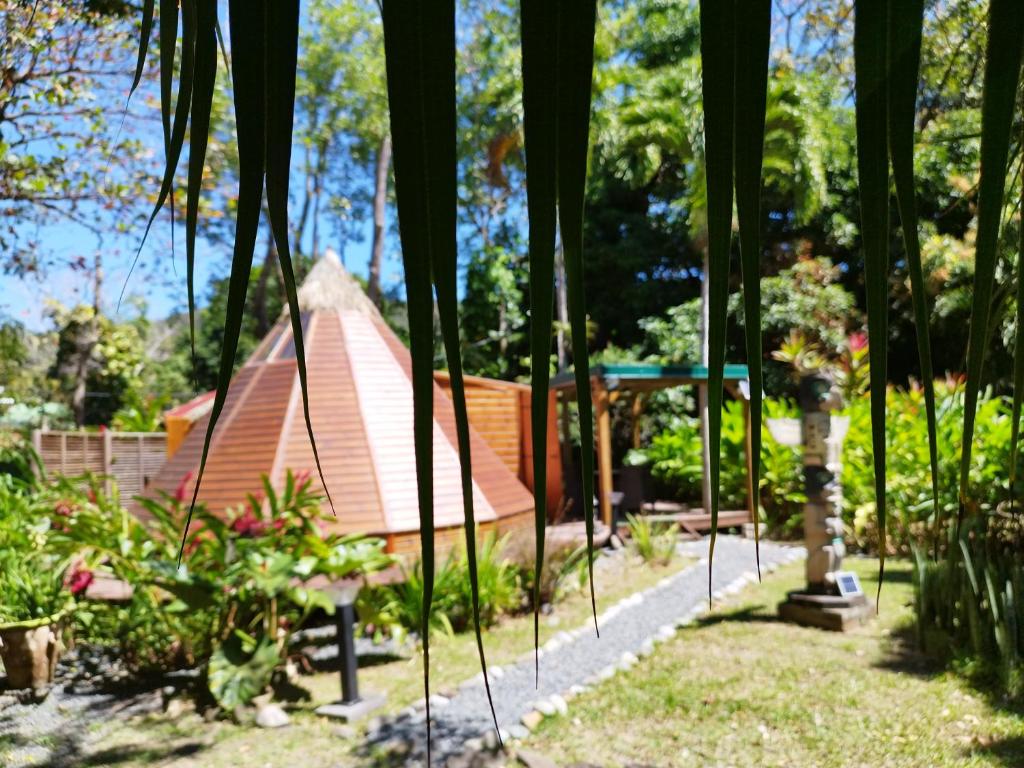 a house in the middle of a garden with trees at Gite du Manial Tipi bois Danse du Soleil in Pointe-Noire