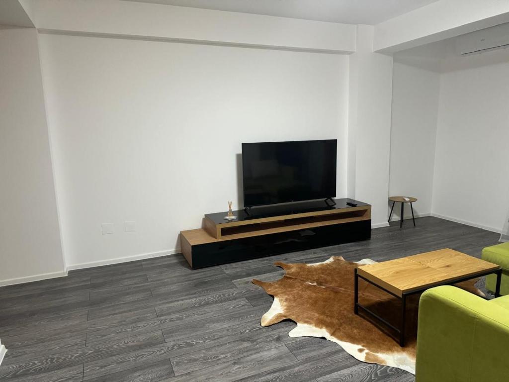 una sala de estar con TV y una hoja en el suelo en Apartament Central Craiova, en Craiova