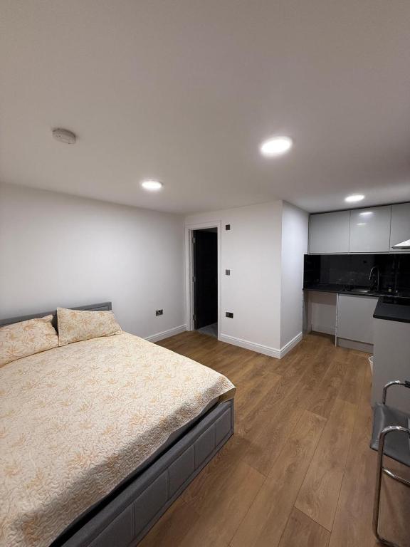 a large bedroom with a bed and a kitchen at Guest Suite in Waterlooville in Waterlooville