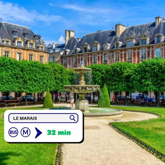 una fuente en un parque frente a un edificio en Paris Porte de Versailles - Near Metro, en Issy-les-Moulineaux