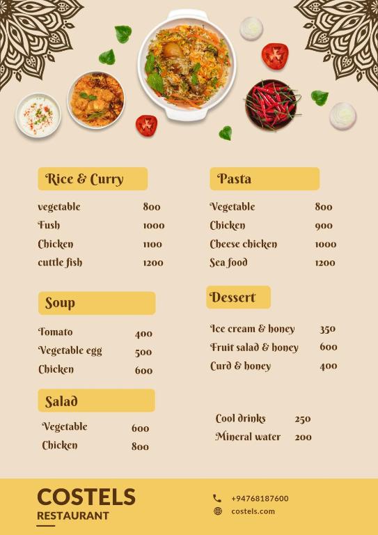 a screenshot of the menu of the restaurant at Costels Mirissa in Mirissa