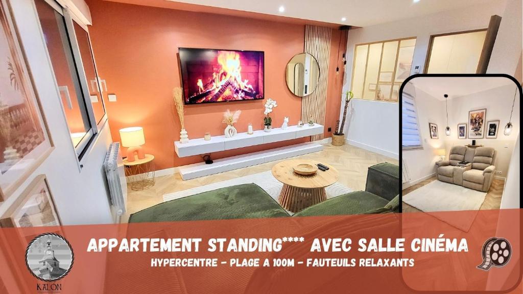 an advertisement for an apartment standingagencyagencyagency sale of a living room at - KALON - CONCARNEAU - SALLE CINÉMA - PLAGE À 100m - VILLE CLOSE À PIEDS - WIFI - Center & beach within walking distance - in Concarneau