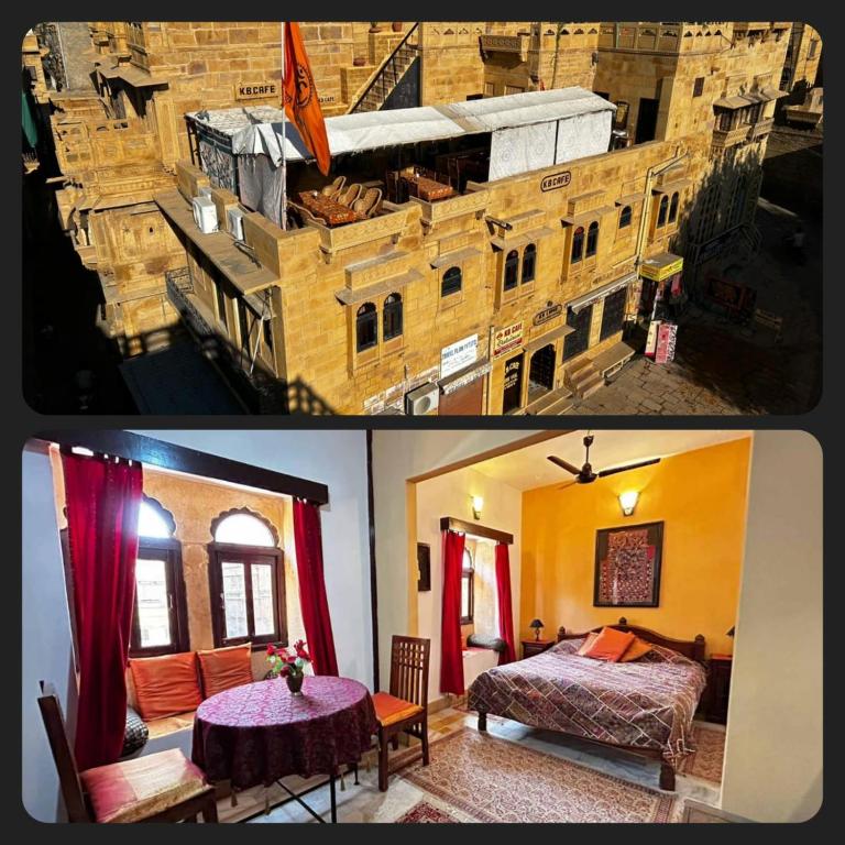 two pictures of a bedroom and a building at Killa Bhawan Lodge in Jaisalmer