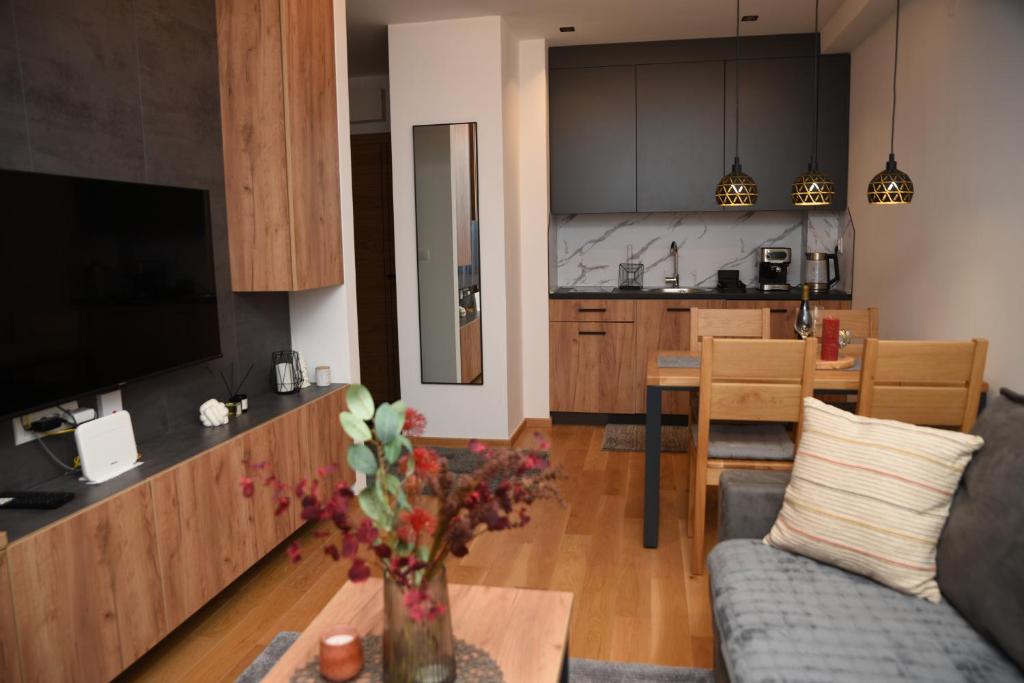 a living room with a couch and a kitchen at Zlatni Javor Twins in Jahorina