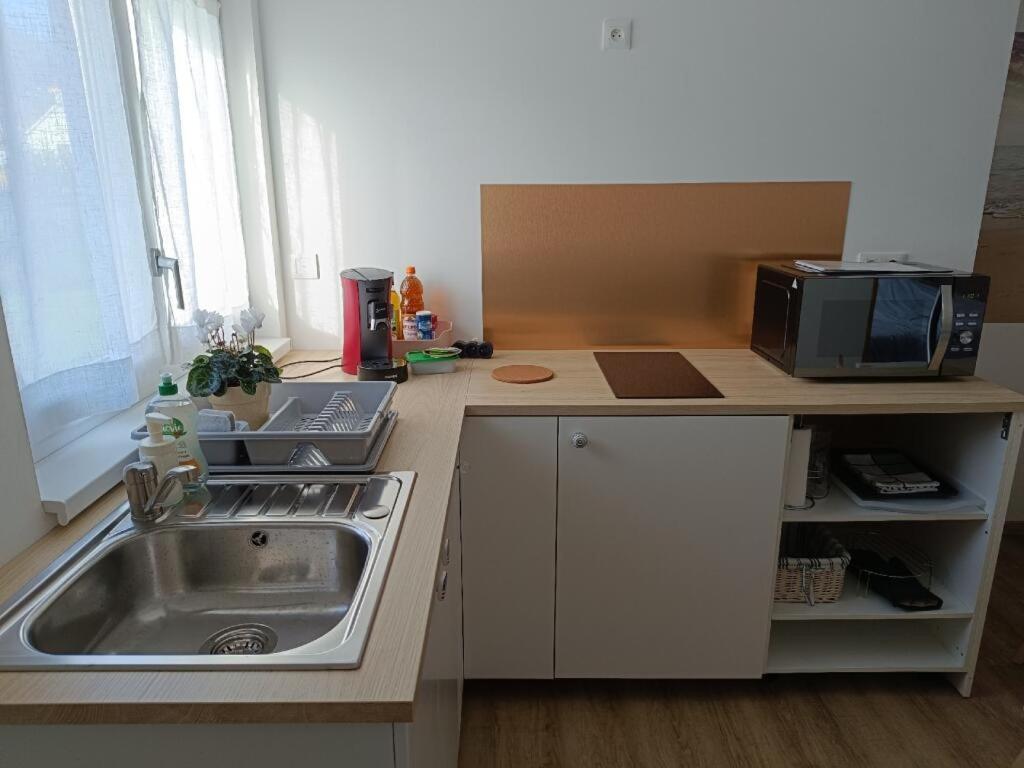 a small kitchen with a sink and a microwave at La Pause in Soultz-Haut-Rhin