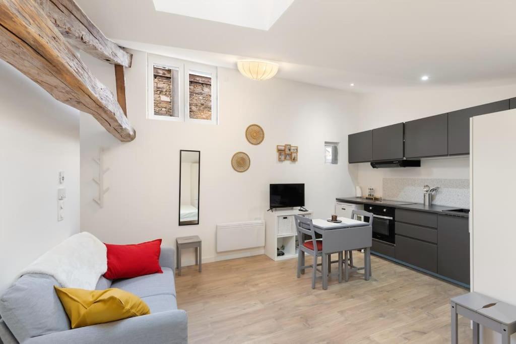un salon avec un canapé et une cuisine dans l'établissement Studio hyper-centre, à Bourg-en-Bresse