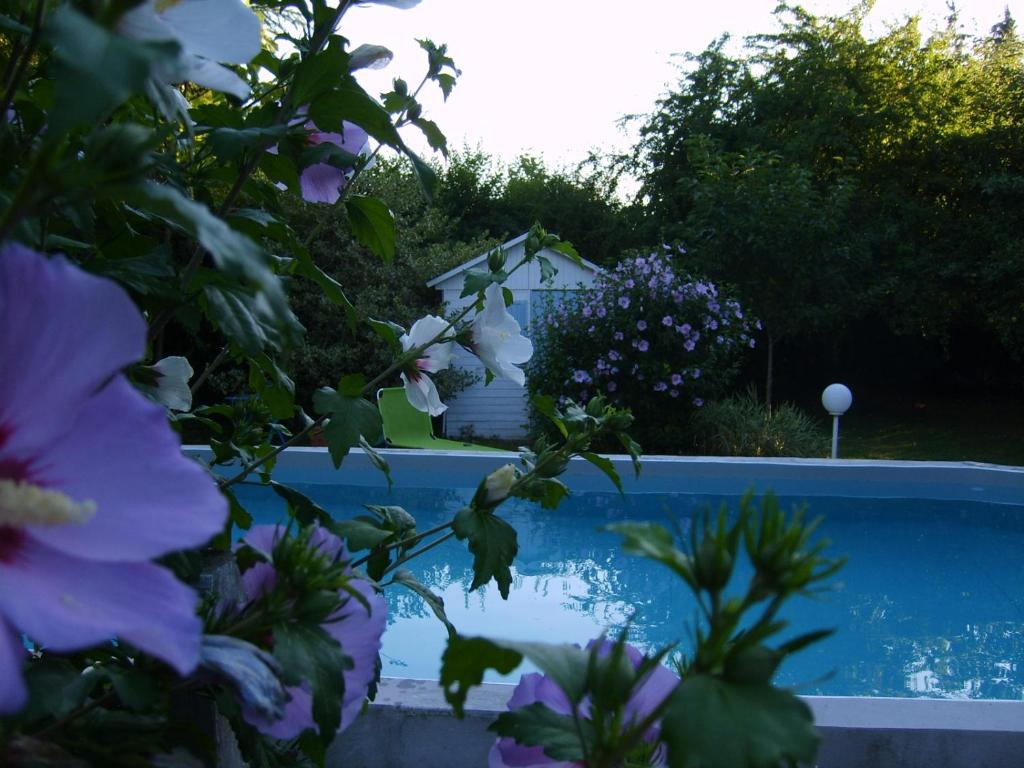 una piscina con flores púrpuras y una casa de fondo en La Ferme de Thoudiere en Saint-Étienne-de-Saint-Geoirs