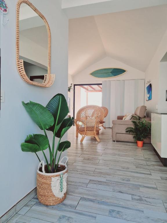 a living room with a potted plant and a mirror at Villa Mirakai in Playa Honda