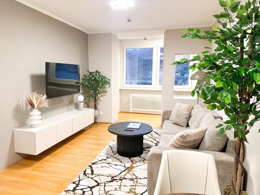 a living room with a couch and a tv at Elegantes City-Apartment im Herzen von Bad Mergentheim in Bad Mergentheim