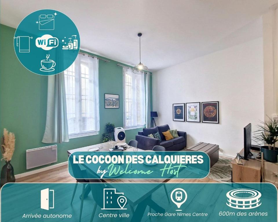 - un salon avec un panneau indiquant leococolis cellularounters dans l'établissement Superbe 2 pièce centre historique, à Nîmes