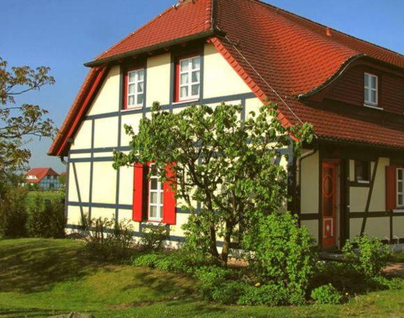 ein weißes und rotes Haus mit einem Baum davor in der Unterkunft Ferienwohnung Bakenberg auf Rügen (So) in Dranske