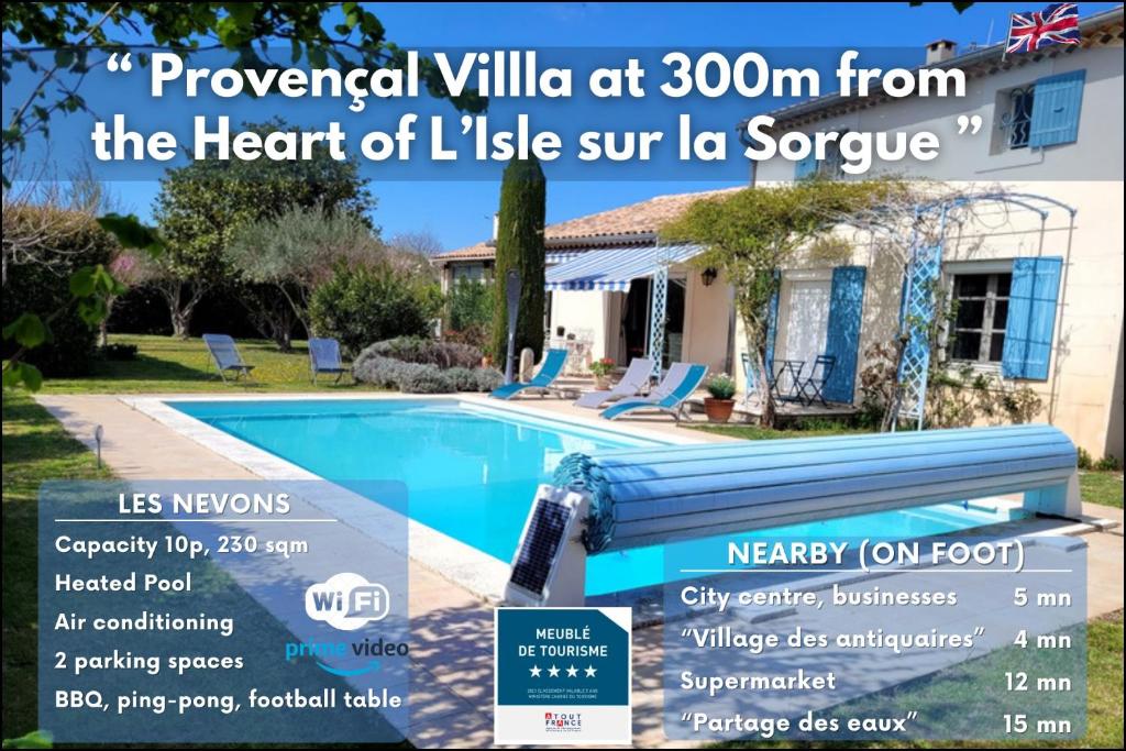 un flyer pour une maison avec piscine dans l'établissement La Villa des Lavandes - A 300m du Centre, au calme, et au vert !, à LʼIsle-sur-la-Sorgue