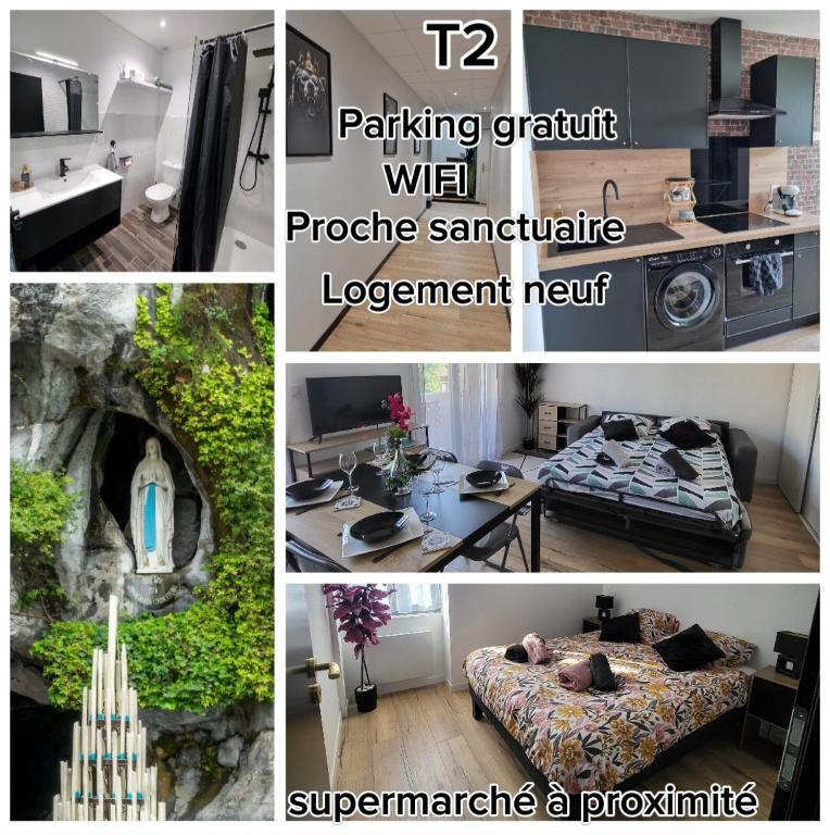 un collage de photos d'un salon et d'une chambre dans l'établissement L'opale appartement entier bien placé Lourdes, à Lourdes