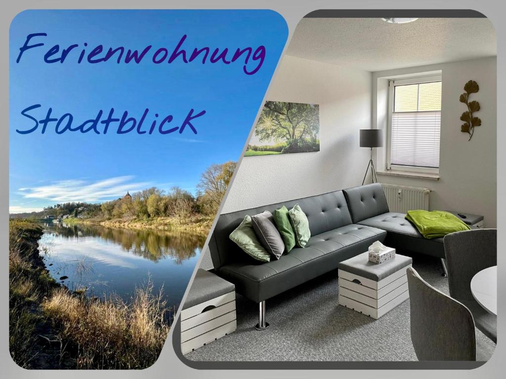 a living room with a couch and a river at Ferienwohnung Stadtblick in Arneburg