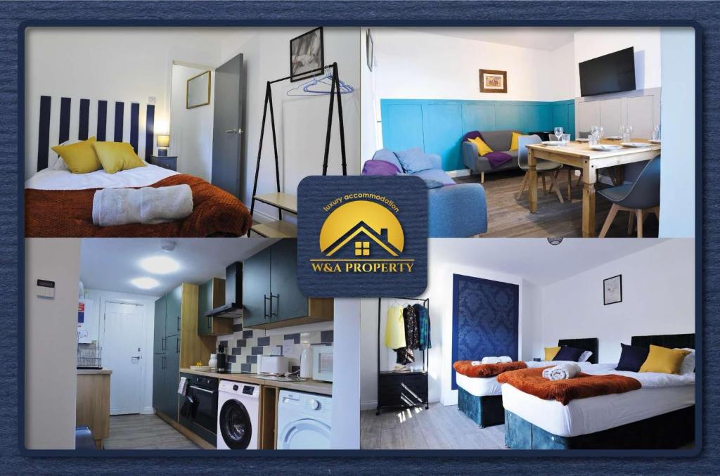 a collage of different pictures of a room at 4 berooms 7 beds house in Kettering 2 showers Garden Fast Wi-Fi in Kettering