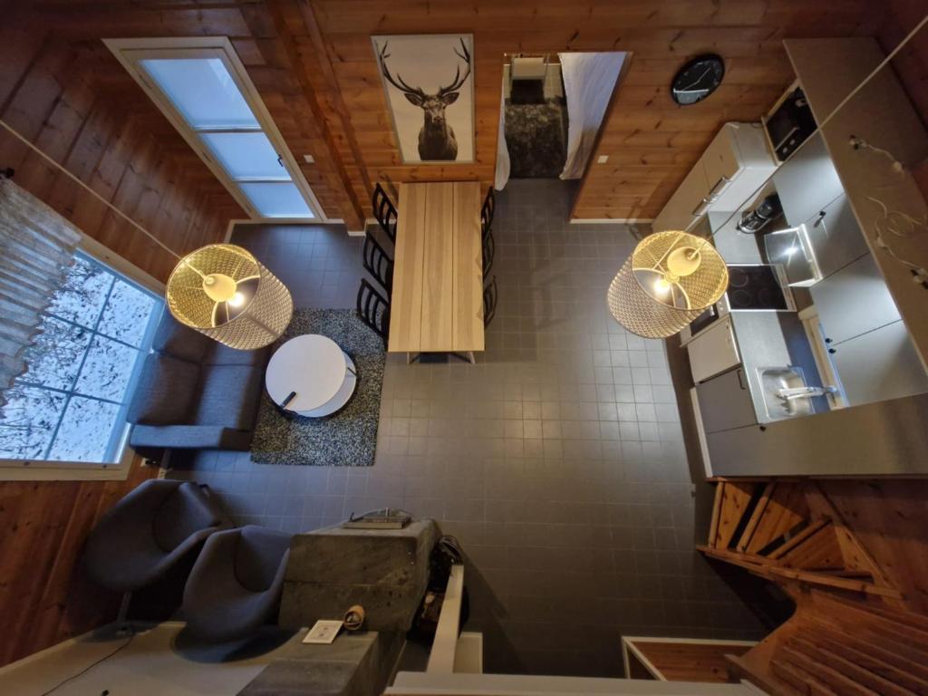 an overhead view of a tiny house with lights at Rauhalahti Holiday Homes in Kuopio