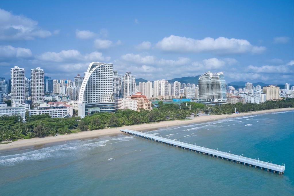 三亚三亚福朋喜来登酒店(免费儿童早餐，亲子活动)的享有带码头和建筑的城市美景
