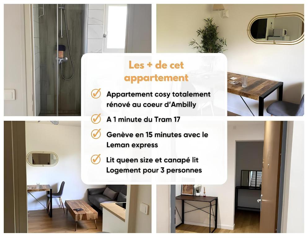 un collage de photos d'une chambre avec salle de bains dans l'établissement T2 à Ambilly à 200m du tram 17, à Ambilly